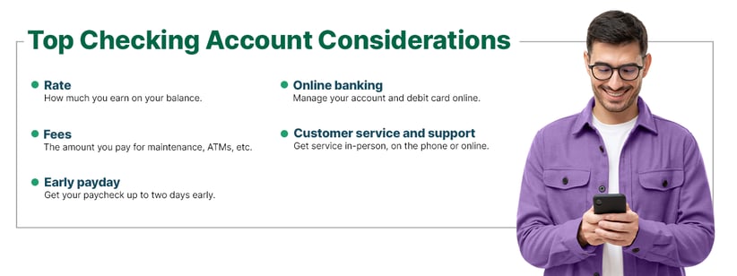 Top Checking Account Considerations Rate: how much you earn on your balance. Fees: the amount you pay for maintenance, ATMs, etc. Early payday: get your paycheck up to two days early. Online banking: manage your account and debit card online. Customer service and support: get service in-person, on the phone or online.
