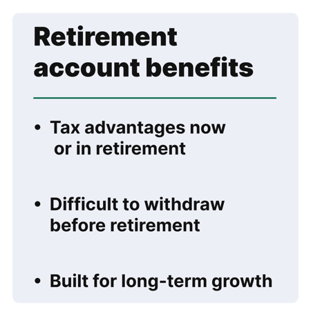 Graphic titled "Retirement account benefits" with bullet points highlighting tax advantages, restricted withdrawals, and long-term growth.